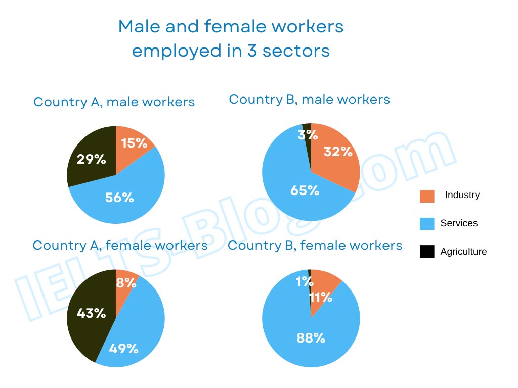 Percentages of male and female workers employed in 3 sectors in 2 countries